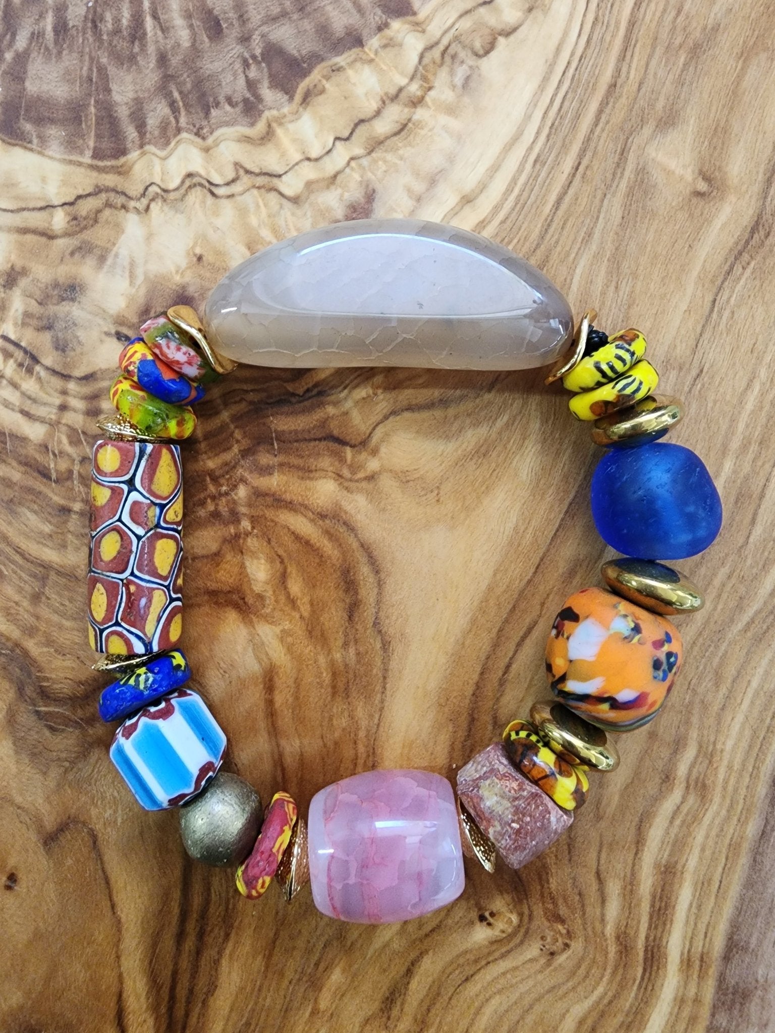 Mosaic Power Cloud Arch bracelet with Ghanaian glass beads, bold color, textured detail, arch focal.